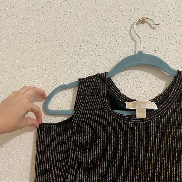Michael Kors Black and Metallic Stripe Cold Shoulder Long Sleeve Top Blouse - Picture 4 of 13